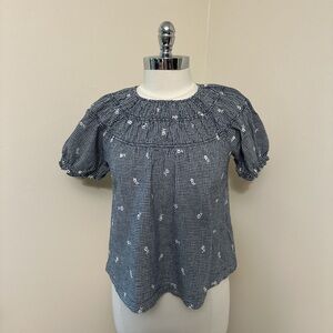 Madewell Embroidered Gingham Shirred Puff-Sleeve Top Size M